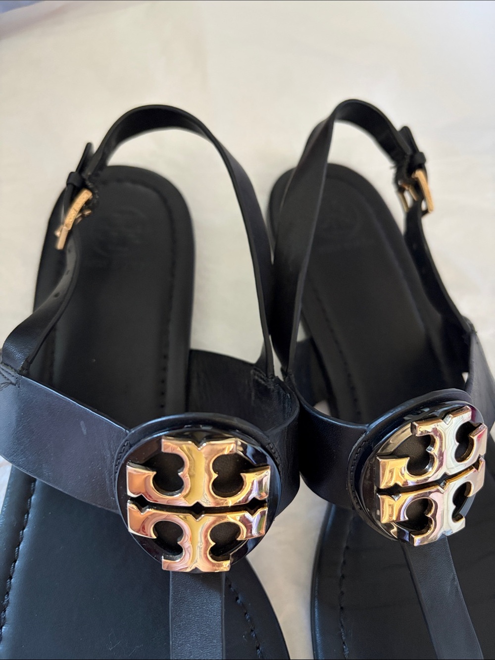 Tory Burch Black Leather Slingback Sandals with Gold Logo Size 10.5 - Picture 3 of 5